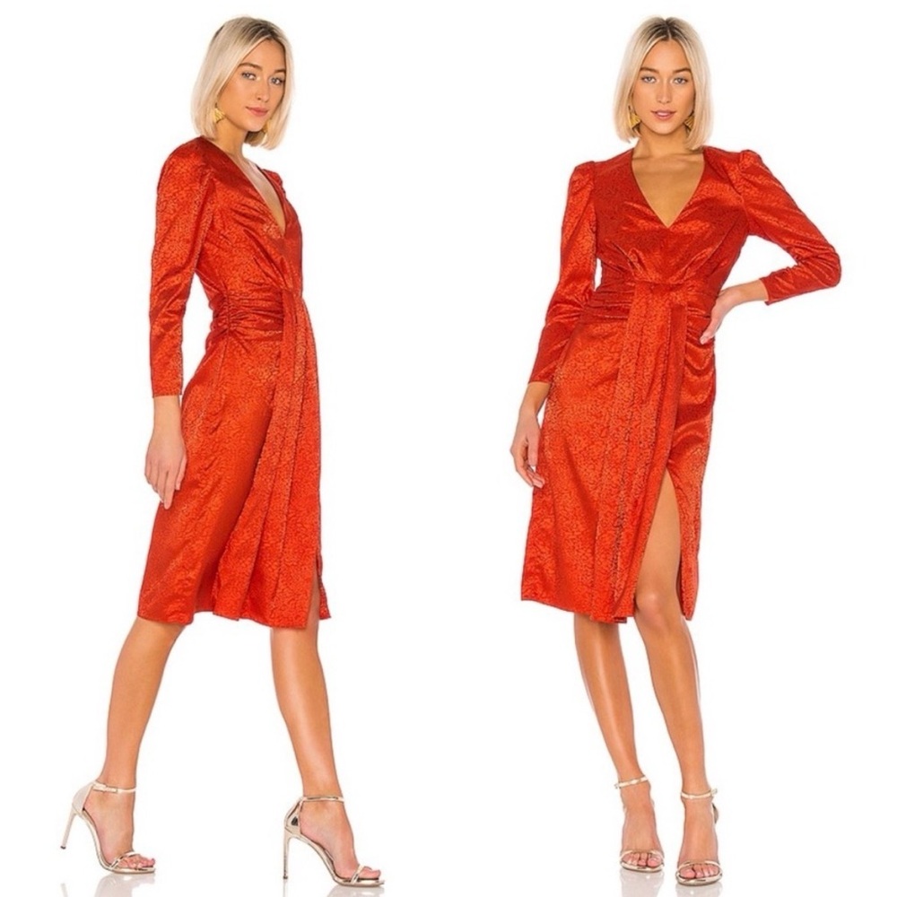 Saylor Revolve Farrow Night Out Flame Midi Dress Small Red Satin Cocktail